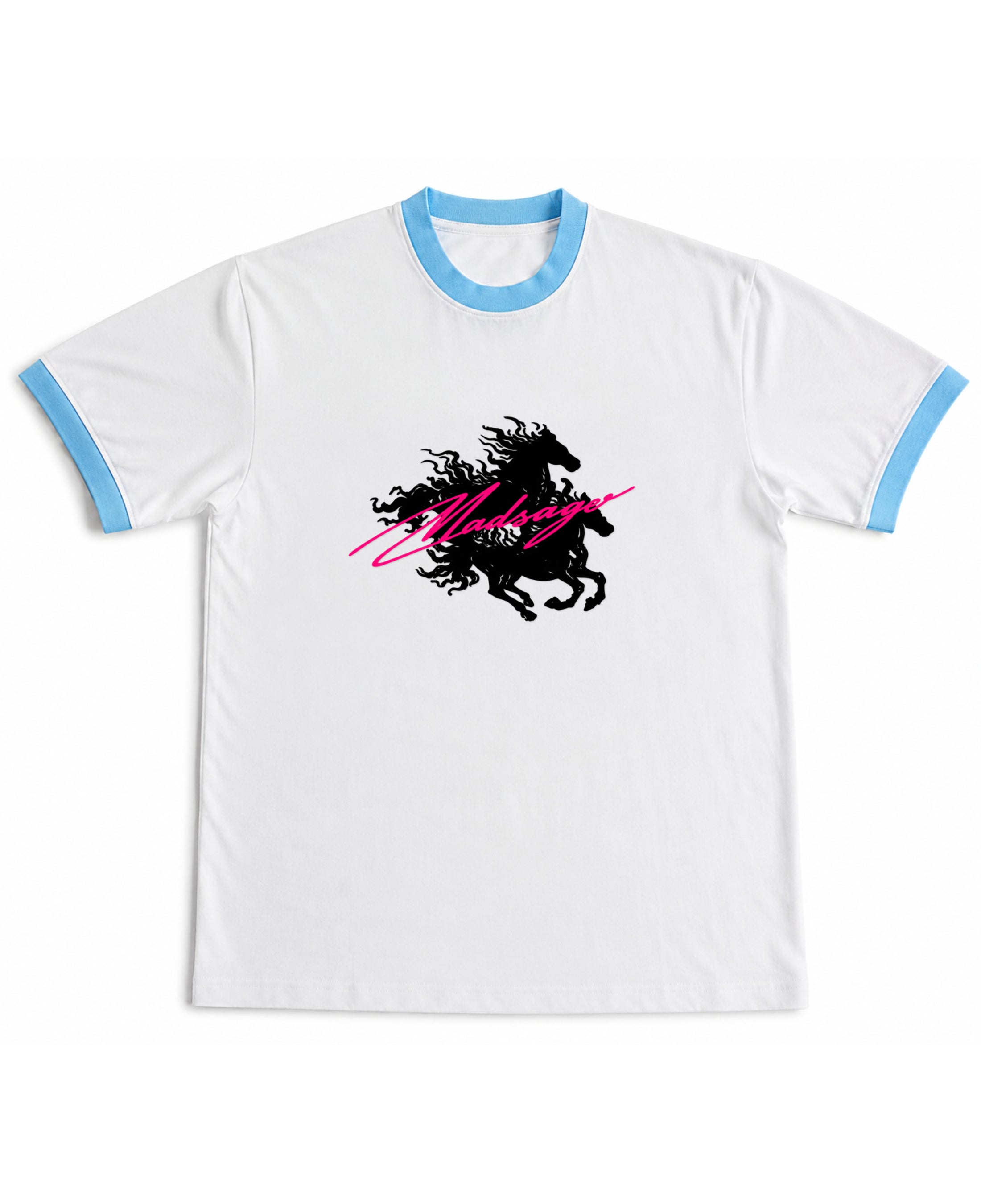 White & Sky Blue Ringer tee Front Design