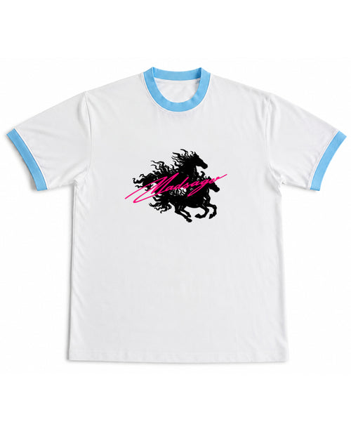 White & Sky Blue Ringer tee Front Design